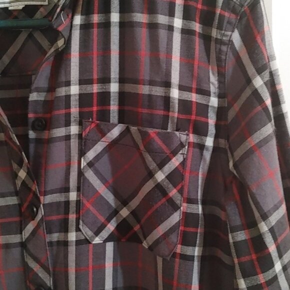 BC Woman dress shirt long tunic Small black gray red plaid pattern long … - Picture 2 of 9